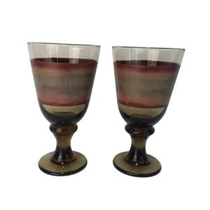 Set of 2 Libbey Sango Nova Brown‎ 7" Striped Wine Water Goblets Glasses
